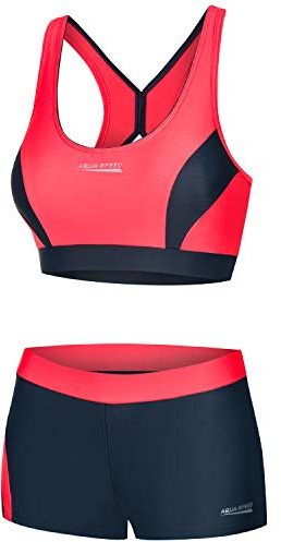 Aqua Speed Damen Sport Bikini Set | Zweiteiler | Frauen Bademode | Two Piece Swimsuit Women | Schwimmbikini für Mädchen | Wassergymnastik | Beachvolleyball | Gr. 38, 36 Rot - Grau | Fiona