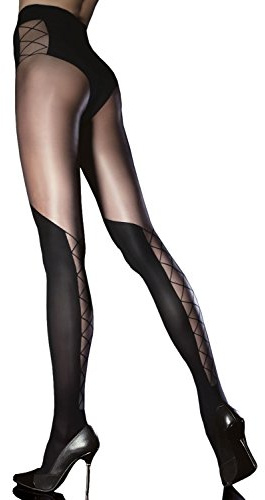 Fiore Collant donna fantasia semicoprente effetto autoreggente, allacciatura posteriore, 40 den (3, NERO)