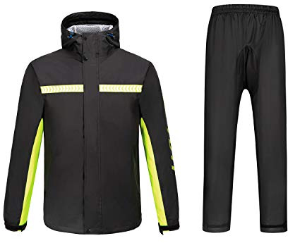 Ynport Crefreak Mens Waterproof Rainsuit Sets Windproof Hooded Raincoat Two Piece Rain Suit in Black with Safety Reflectors