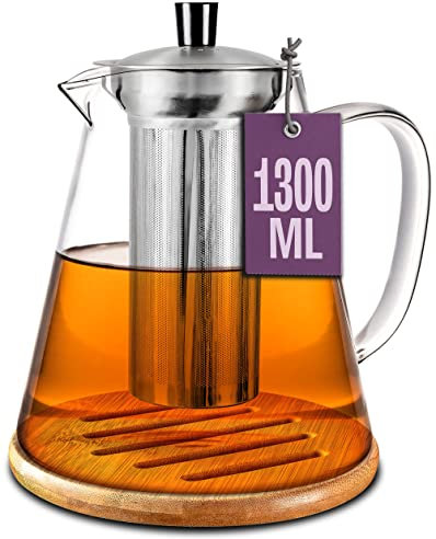 Cosumy Teiera con Infusore in Vetro Borosilicato da 1,3L Grande - Con Sottobicchiere in Bambù - Lavabile in Lavastoviglie