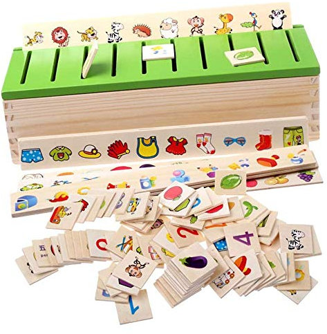 POFET Jeu éducatif de tri Montessori pour Les Tout-Petits Enfants, 1 boîte de tri, 8 Bandes de tri, 80 Mini Cartes de tri
