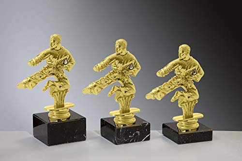 Henecka 🥋 Kampfsport Pokal, Karate-Trophäe, Karate-Kung Fu, Schraubfigur Flying Kick Man Gold, Marmorsockel schwarz, mit Wunschgravur, wählbar in 3 Größen oder als 3er-Serie (Sockel 65 x 20 mm)