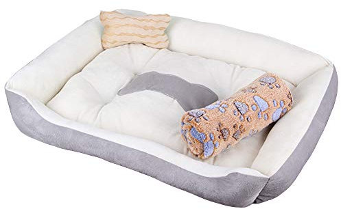 Hundebett Hundekissen, Waschbares Hundebett mit Rand, Hundesofa für Kleine, Mittlere und Grosse Hunde, Rutschfestes Hundekörbchen, Robust und Gemütlich grau beige + Decke S