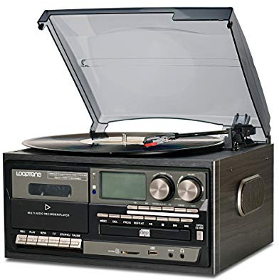 LoopTone Vinyl Record Player 9 in 1 3 Speed Bluetooth Vintage Turntable CD Cassette Player AM/FM Radio USB Recorder Aux-in RCA Line-Out (Black Edition)