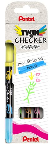 Pentel SLW8-4 TwinChecker Highlighter, zweifarbiger Textmarker mit Doppelspitze in kräftigen Farben für leuchtstarke Markierungen, schlanke Stiftform, 4er Set sortiert