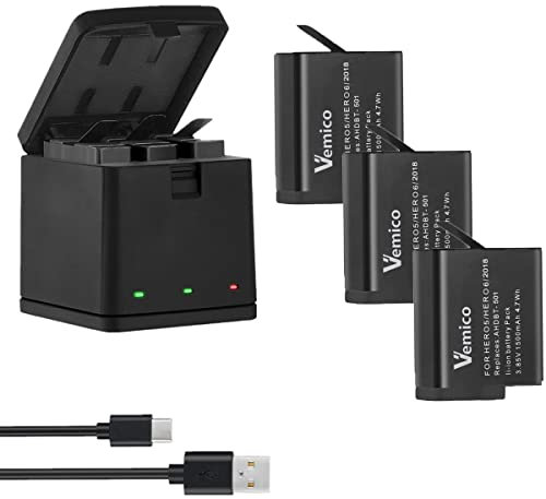 Vemico Hero 7/6/5 Akku Ladegerät Kit 3 Pack 1500mAh Ersatzakkus Typ-C LED 3-Kanal Ladegerät für Hero 7 / Hero6 / Hero 5 Black/Hero 2018/ AHDBT-501 (Vollkompatibel mit Original)