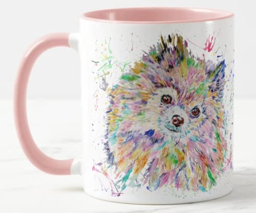 Vixar Taza con diseño de perro Pomerania, acuarela, arco iris, de colores, regalo de cumpleaños, trabajo, oficina, Navidad, té, café (rosa)