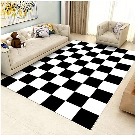 Siunwdiy Teppich Schwarz Und Weiß Karierte Teppich Anti-Rutsch Marokkanisches Schachbrett, Teppich Geometrisches Design Wohnzimmer Schlafzimmer Kinderspielmatte Esszimmer,Weiß,160X230cm