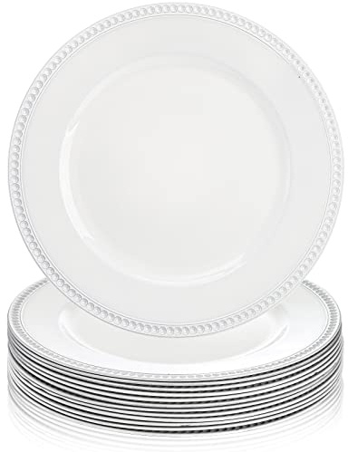 Okllen 12 Pack Plastic Round Charger Plates, 13 Dinner Chargers Decorative Plates with Beaded Rim, Embossed Charger Serving Plates for Wedding, Catering Event, Tabletop Decor, White