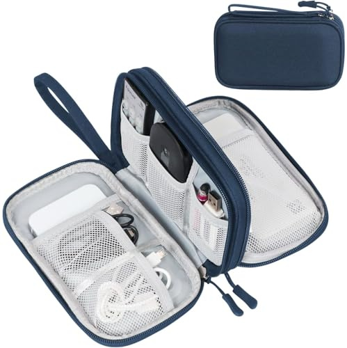 FYY Travel Cable Organiser, Electronics Accessories Bag, Waterproof Tech Storage Pouch, 2-Layer Universal Carry Case for Charger, Power Bank, USB Drive S-Navy Blue
