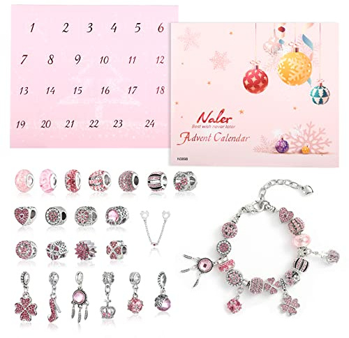 Naler 24-teilig Charms Adventskalender Rosa Schmuck Anhänger Glasperlen mit Ketten und Armband für Weihnachten