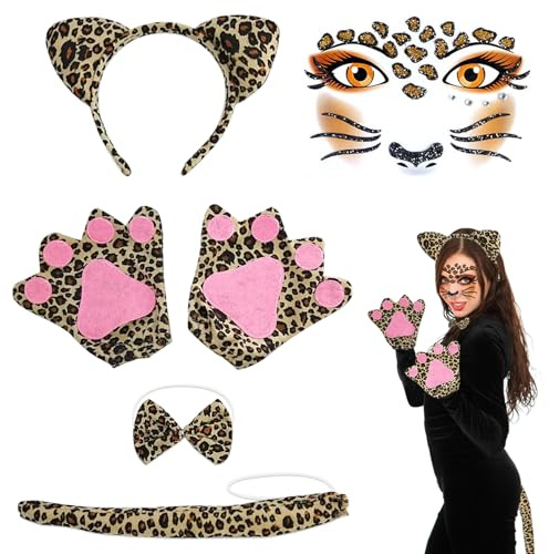 TOPJOWGA 6-teilig Leoparden Kostüm Set, Leoparden Kostüm Damen, Ohren Schwanz Haarreif Stirnband Handschuhe, Gesichts Kunst Aufkleber, Tierkostüm Halloween Karneval Erwachsenen Verkleidung Party
