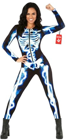 Morph Skelettbody Dam Elektriskt Blå Bendetaljer Catsuit, Iögonfallande Utklädningsdräkt Vuxna Festdamer Dam