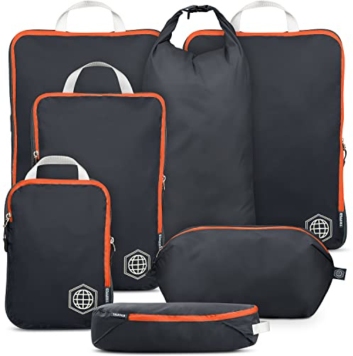 TRIPPED Travel Gear - Set di 7 cubi da imballaggio a compressione da viaggio per bagagli, ultraleggeri, espandibili, sacchetti a compressione per vestiti di TRIPPED Travel Gear (grigio/arancione)