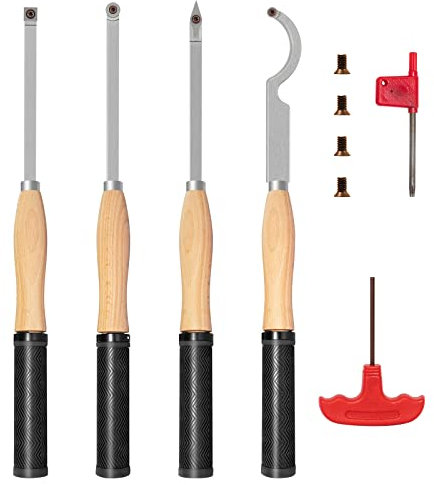 DEEFIINE 46.5cm Drechseleisen Set mit Hartmetall-Schneidplatten,4Stück Drechselmesser in Holzkoffer, rund und quadratische, Drechselwerkzeug-Satz für Holz (4WA)