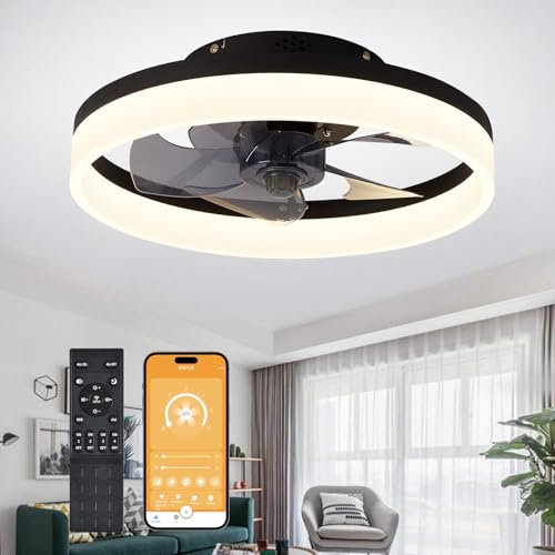 MOSSCO Deckenventilator mit Beleuchtung und Fernbedienung, LED Deckenleuchte Dimmbar, 3 Lichtfarben, 6 Windstufen, Moderne Lampe mit Ventilator Leise für Schlafzimmer Schwarz 40cm