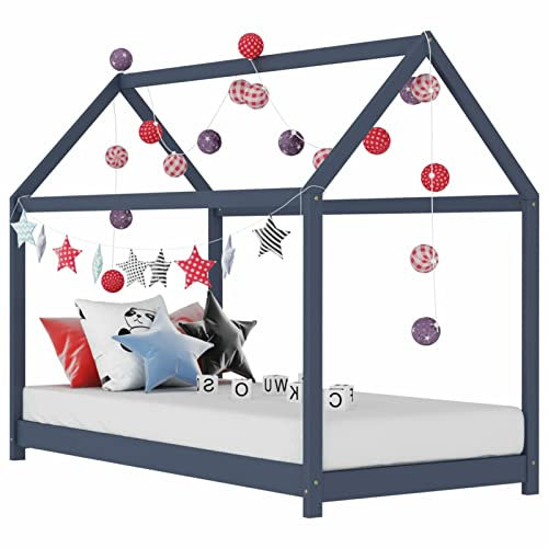 BaraSh Kinder-Bettgestell Grau Massivholz Kiefer 70 x 140 cm Hausbett Deko Bett Kinder Kinderbett Hausbett Kinder Bodenbett