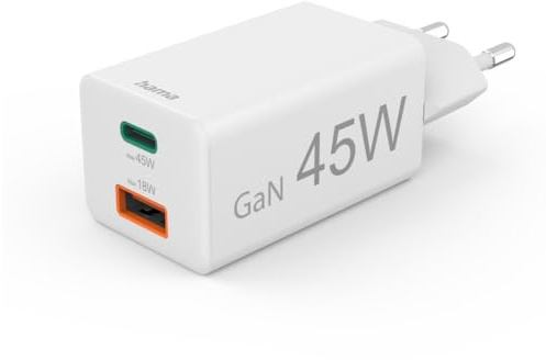 Hama Schnellladegerät USB (Ladegerät mehrfach, USBC, USBA, Handy Tablet Laptop Universal Ladegerät, Netzstecker Schnellladen, Netzteil, Power Delivery/Quick Charge 3.0, GaN Charger, 45 W)