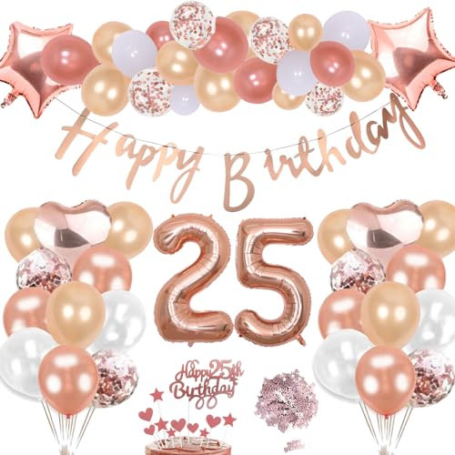 25 Cumpleaños Decoración Oro Rosa Kit Para Niña, Inflables Estrellas Corazón Numeros Gigantes Helio Globos Feliz Cumpleaños Decoración de la Torta Confeti Mesa Regalo Para 25 Años Mujer Hombre Fiesta