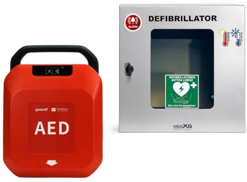 Erste Hilfe Defibrillator & Außen-Metallwandkasten mit automatischer Schockabgabe Primedic HeartSave YA, 8 Jahre Garantie des Herstellers, Made in Germany, Sprache: DE/EN