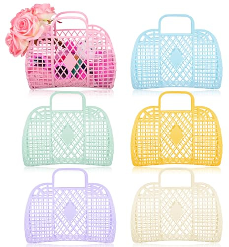 Silkfly 6 Pcs Jelly Tote Bags Plastic Easter Baskets for Egg Hunting Wedding Beach Gifts Purse Bags for Spring Party Favor(Bright Color,Small)