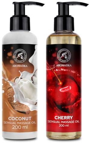 Sinnliches Massageöl Set 2x200ml - Kokosnuss & Kirsche - Körperöl mit Mandelöl und Traubenkernöl- Essbar - Natürlich - Kissable Massage Öl - Massageöl für Paare