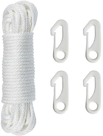 Flag Pole Rope with Flag Pole Clip, 15M Nylon Flag Rope Flagpole, 6mm ThickNylon Flag Rope with 4 Flag Pole Clip Flag Pole Halyard Rope Kit for Outdoor Sailboat Garden Camping