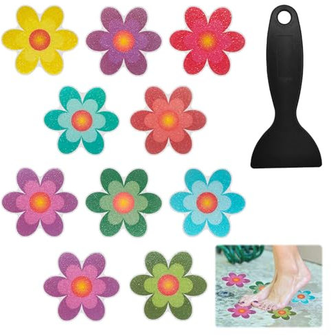 Qianeffort 10Pcs Anti Slip Shower Stickers,Colorful Sunflower Bath Non Slip Stickers,Adhesive Non Slip Bath Stickers with Scraper,Shower Non Slip Stickers Bathtub Appliques for Bath Shower