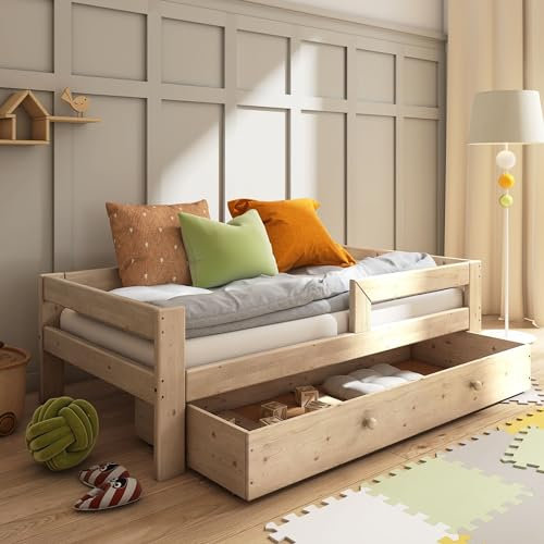 Need Sleep Kinderbett Jugendbett 80x160 cm mit Schublade Bettkasten Rausfallschutz Lattenrost Massivholz (70x140 cm)