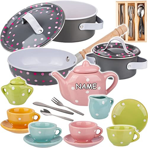 alles-meine.de GmbH 31 TLG. Set Kinder - Puppengeschirr + Kochset & Topfset + Besteckset - inkl. Name - Antihaft Kochtopfset - aus Metall/echte Edelstahl Blech Töpfe/Panne ..