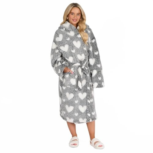 OHS Teddy Fleece Dressing Gown Womens Teddy Marl Hooded Bathrobe - One Size