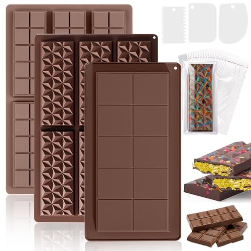 XSHAO® 3 Pcs Moule Tablette Chocolat, Moule à Chocolat en Silicone Moule Tablette Chocolat Dubai avec Grattoir et Sac pour la Fabrication de Chocolats/Gelées/Pâtisseries et Confiseries