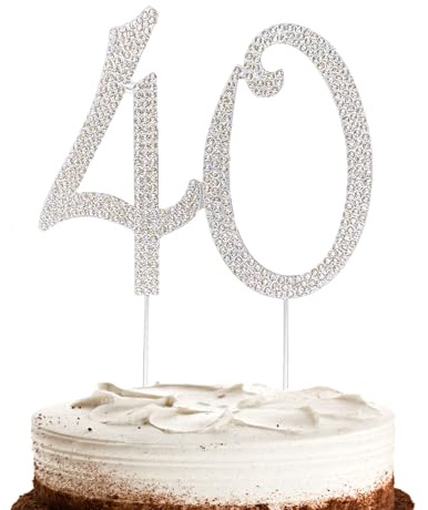 Hugwish Happy 40th Birthday Cake Topper Diamante Silver Bling Rhinestones, Number 40 Anniversary Cake Topper For Women Birthday Party Marriage Anniversary (40 silver)