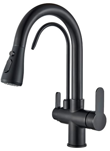 Robinet de cuisine, eau pure d'osmose à 3 voies, robinet de cuisine à 360°, eau froide et chaude disponible, noir | Robinet d'évier de cuisine pivotant à 360° avec deux poignées et filtre, froid et chaud, en acier inoxydable, noir