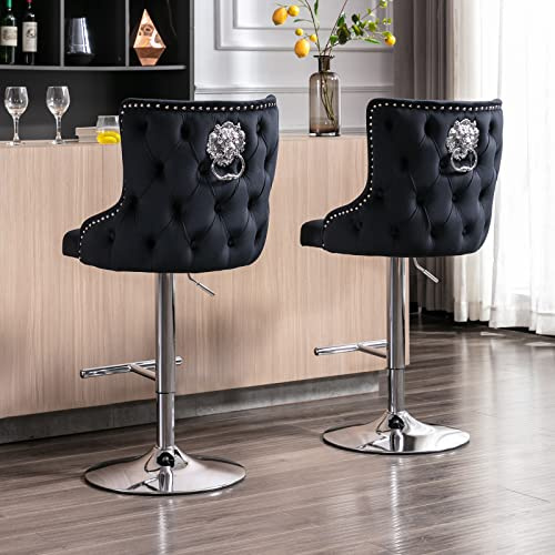 Ya-Home Set med 2 svängande barstolar i sammet med lejonhuvudstötskydd för pub, svart