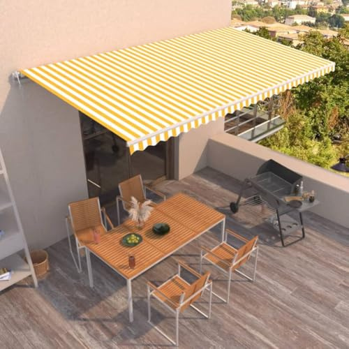 IKAYAA Elektrische Gelenkarmmarkise 600 x 350 cm Markise Automatisch Sonnenmarkise, Sonnenschutz, Terrassenmarkise, Klemmmarkise, Gelb und weiß