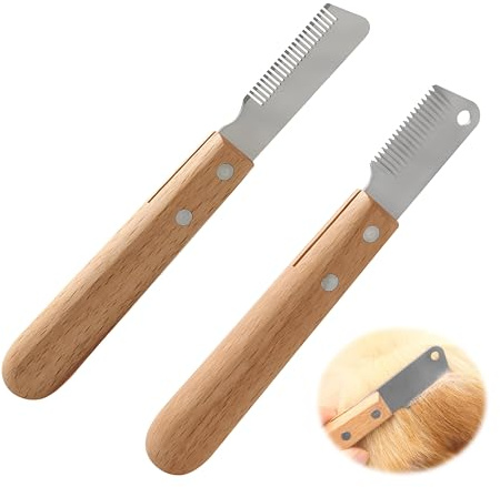 2pcs Couteau Trimmer Chien, Peigne Acier Inoxydable Bois Toilettage Animaux