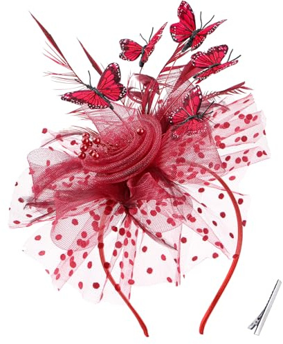 ETOFETE Bordeauxrot Butterfly Fascinator Kopfschmuck Damen Karneval Fasching Haarreif Hut Victoria Attire Monarch Butterfly Teeparty Maskenball Party Kostüm