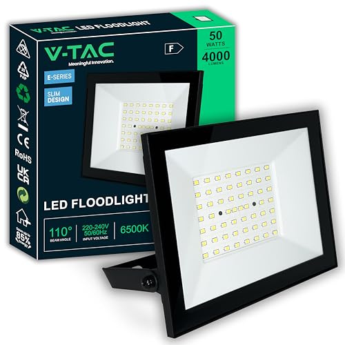 V-TAC Utomhus LED-strålkastare 50 W - [Hög prestanda] - IP65-4 000 lumen - vattentät lampa för hem, trädgård, garage, lager - kallt vitt ljus 6 500K