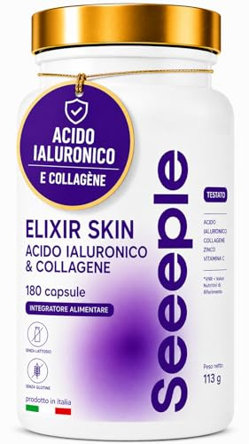 ELIXIR SKIN – Integratore Alimentare con Acido Ialuronico, Collagene Idrolizzato, Coenzima Q10, Vitamine C ed E e Zinco per Pelle e Idratazione – 180 Capsule – Senza Glutine e Lattosio – Made in Italy