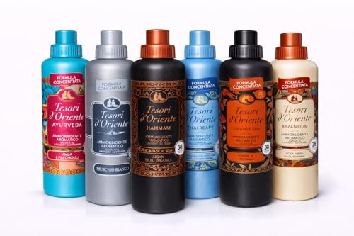 Tesori d'Oriente sköljmedel koncentrat blandningsset 6-pack (6 x 760 ml) – 6 dofter: Ayurveda, Muschio Bianco, Hammam, Thalasso Therapy, Japanese Spa, Byzantium – italienskt märke Veltao