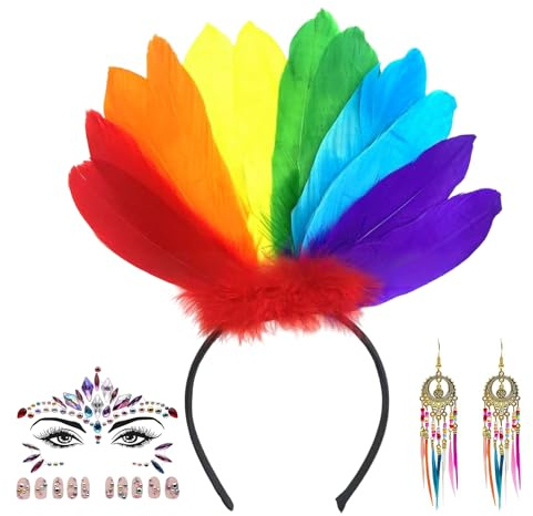 SNXCEUG 3 Stück Regenbogen Papagei Haarreif für Damen, Bunte Feder Kopfschmuck mit Ohrringe und Glitzersteine Gesicht, Bachelorette Party Kostüm Zubehör für Fasching Karneval