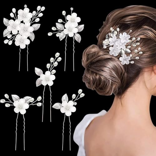 BDEPSTR 5 Pcs Accessoires Cheveux Mariage, Épingles à Cheveux Perle et Feuille Argentée, Bijoux Cheveux Mariage Élégants pour Femmes, Mariée et Demoiselle d'Honneur