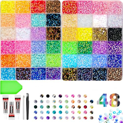 40 Färger Bedazzling Kit 3mm, 32000 Jelly-hartsplattade strassstenar, DIY-pärlsats med upplockande penna, pincett och 3 rör 10ml mångsidigt lim för naglar, skor, kläder och mobilfodral (2) | 3 mm platta strass, mångsidigt lim, plockstift, pincett, tillbehör. För naglar, kläder, skor, mobilskal