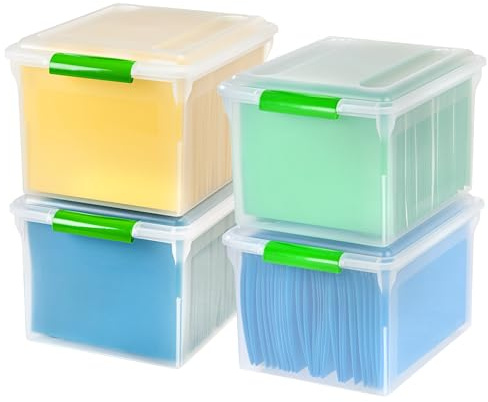 IRIS USA, Inc. butiks- och bildbrev och arkivlåda i juridisk storlek, 4-pack, grönt handtag, klar, 34 quart (585240)
