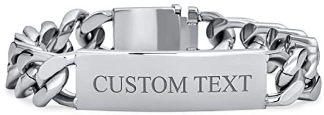 Bling Jewelry Bracelet d'identification pour hommes personnalisable avec barre de nom solide plaquée, chaîne à maillons gourmette, ton argent, en acier inoxydable gravé sur mesure.