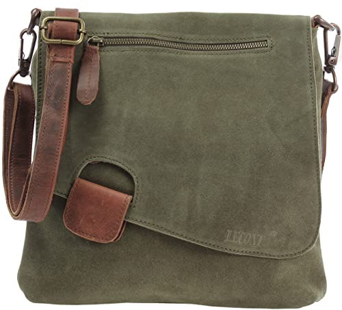 LECONI Umhängetasche für Damen Crossbag Veloursleder Echtleder Natur Damentasche Schultertasche Ledertasche Freizeittasche für Frauen Wildleder Handtasche 29x29x6cm grün LE3027-VL
