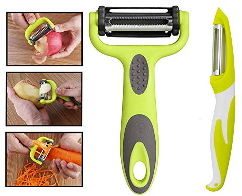 Senven® Pelador 3 en 1 – Multifunción peladora y trituradora, ideal para pelar patatas, zanahorias y varias verduras y frutas, apto para usuarios diestros o zurdos, mango antideslizante. 2 unidades
