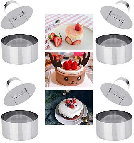 DECARETA 4 PCS Molde de Pastel Acero Inoxidable,Juegode Moldes para Postres,Mousse Anillo Redonda,Aros Emplatar con Prensador para Huevos y Rostis,Postres de Mousse,Varios Pequeños Postres etc-8*8*4cm