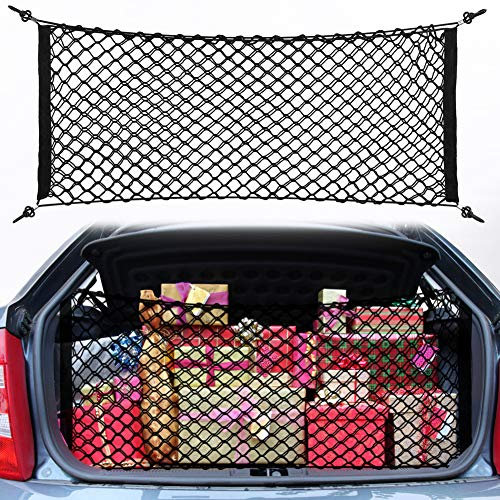 Auto Gepäcknetz, Haofy Universal Auto Kofferraumnetz, 90 x 40 cm Elastisch Kofferraum Organizer Netz Aufbewahrung Netz aus Nylon mit 4 Haken, Elastisch Schutznetz für Auto SUV, Schwarz